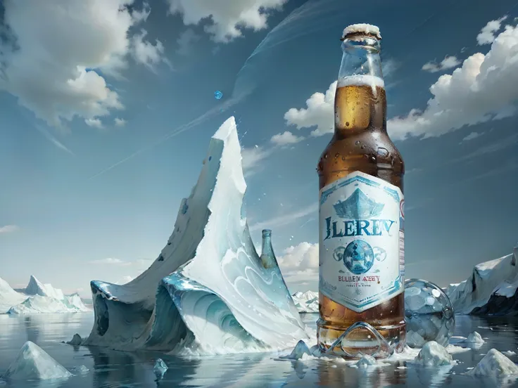 Beer bottle in foreground, bottle mouth splashing liquor, iceberg background, blue sky, a few white clouds