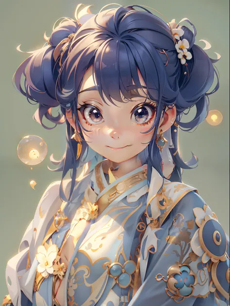 lens flare glow，Thin waist narrow waist，The look of the kawaii，Flat-chested little sister，slimfigure，ssmile，Navy blue hair，Golden pupils。Chinese hair bun, Oriental antique，Attractive 3D Vector Art。