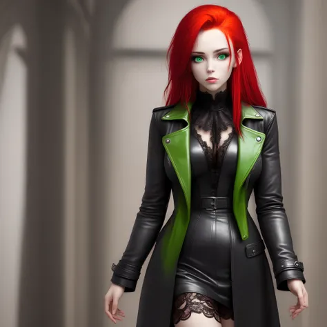 1 woman , beautiful , emo , leather and lace , long hair , bright red hair , gothic , long leather coat , bright green eyes , eyes on viewer