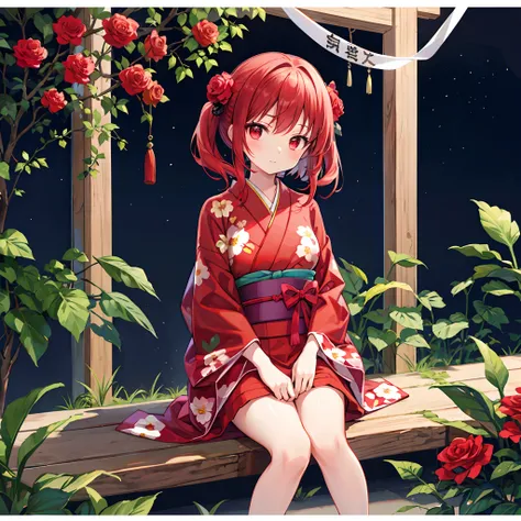 Red-haired、Dumpling head、red eyes、Beautiful girl alone、kimono、Bright red rose garden、sitting on