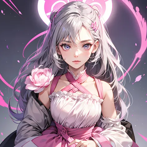 "Create games for girls, Her gray hair，Wears pink ears, Her eyes matched the same pink color, The background is mainly pink, and over 4K quality.  "