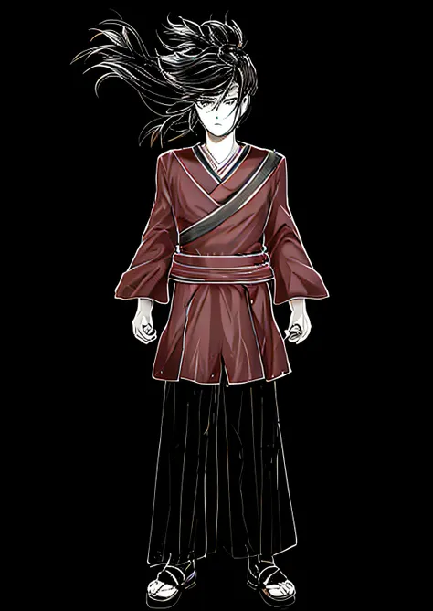 a drawing of a man in a kimono outfit with a long hair, side view ,full body concept, clear outfit design, detailed full body concept, clean lineart, simple lineart, full body character concept, clean anime outlines, new costume concept design, concept cha...