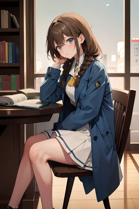 Anime girl sitting reading in library，Blue trench coat，Bunched hair，libraryai，Dark environment，A faint smog，yellow-brown hair，Double braid，