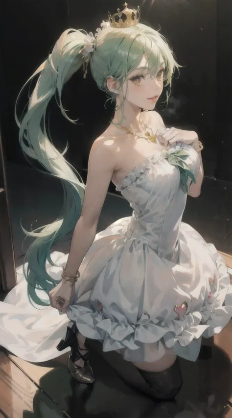 8K, Highly detailed, high res, (masterpiece), perfect face, 1girl, anime girl, light green hair, side ponytail, orange eyes, transparent white glossy skin, wide smile, slanted eyes, cream frilly dress, looking at viewer, dynamic pose, crown hairpin, detail...