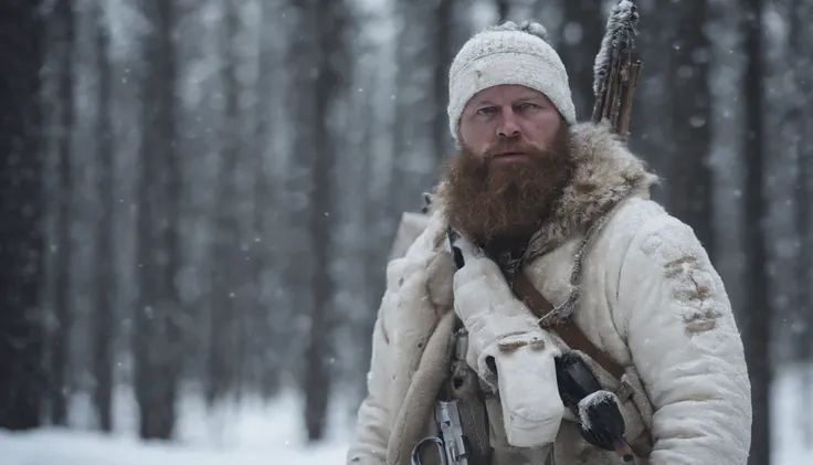 A reenactment image of Simo Häyhä in his white camouflage suit, hidden in the snowy wilderness.