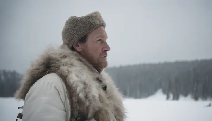 A reenactment image of Simo Häyhä in his white camouflage suit, hidden in the snowy wilderness.