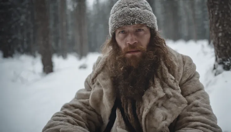 A reenactment image of Simo Häyhä in his white camouflage suit, hidden in the snowy wilderness.