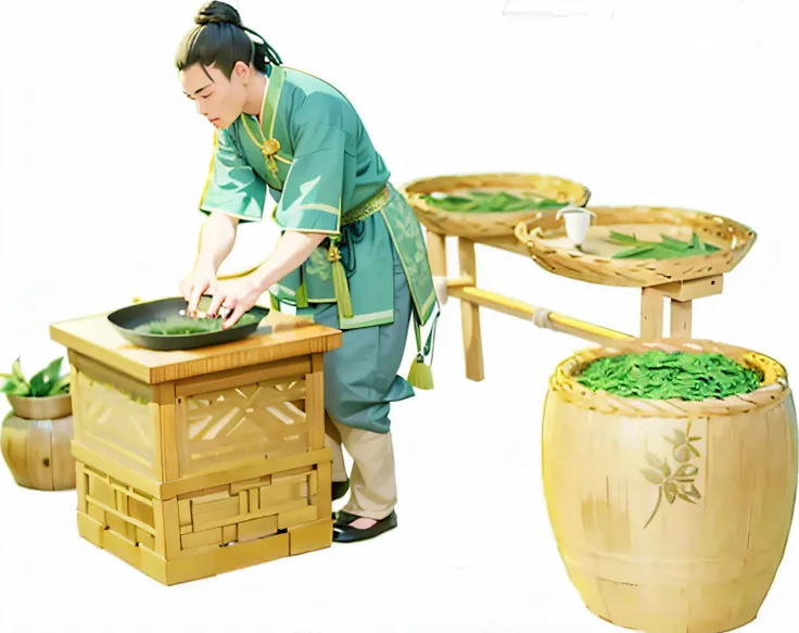 A man dressed in ancient Chinese clothing，full bodyesbian，Hold the tea leaves in the pot with your hands，Stir-fried tea leaves，full bodyesbian，Bend slightly，zona rural，Behind him is a bamboo basket，It was filled with tea leaves, A beautiful artwork illustr...