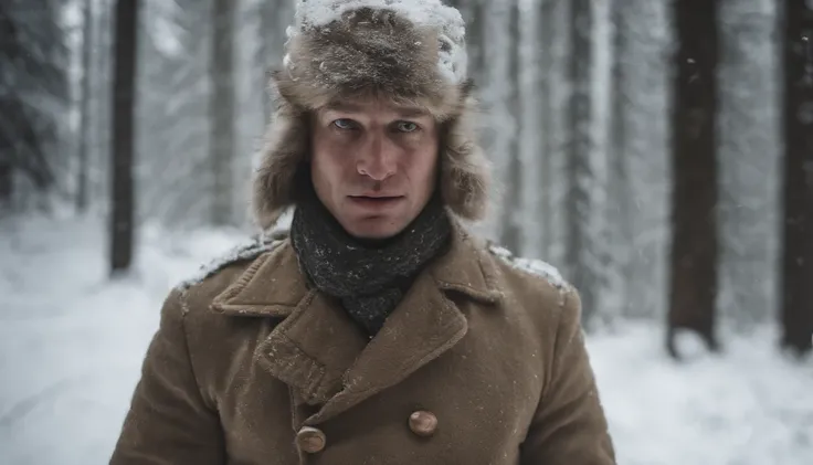 A reenactment image of Simo Häyhä in his white camouflage suit, hidden in the snowy wilderness during world war 2