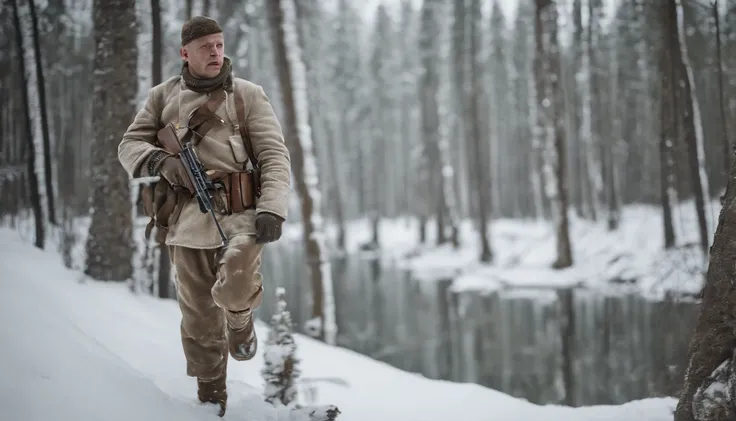 A reenactment image of Simo Häyhä in his white camouflage suit, hidden in the snowy wilderness during world war 2