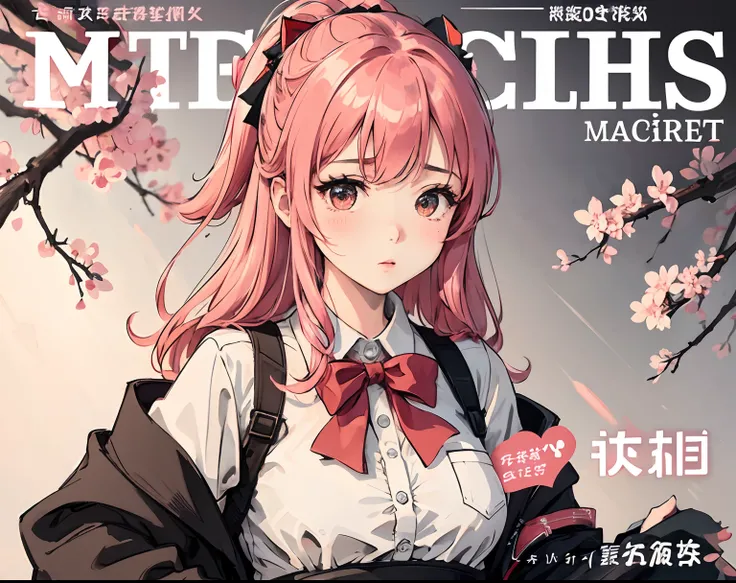 (masuter piece,Best Quality,Ultra-detailed), (A detailed face),1girl in, Pink hair, School uniform, Red thin ribbon indistinct, Floral ornament, Very detailed, Dynamic Angle, cowboy  shot, Most Beautiful Forms Chaotic, elegent, Fauvistdesign, Bright colors...