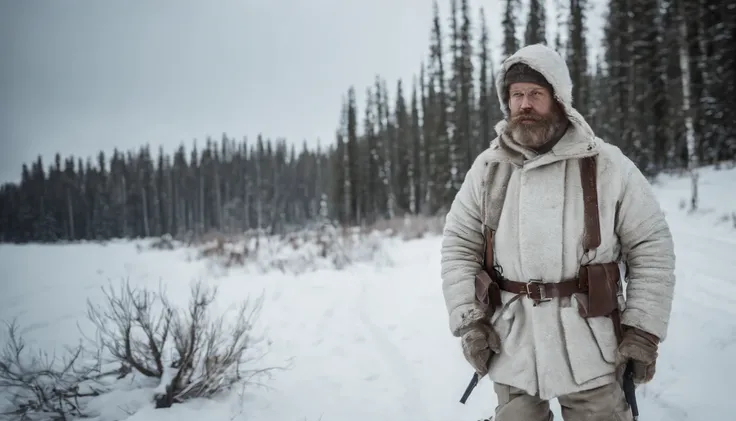 A reenactment image of Simo Häyhä in his white camouflage suit, hidden in the snowy wilderness during winter war