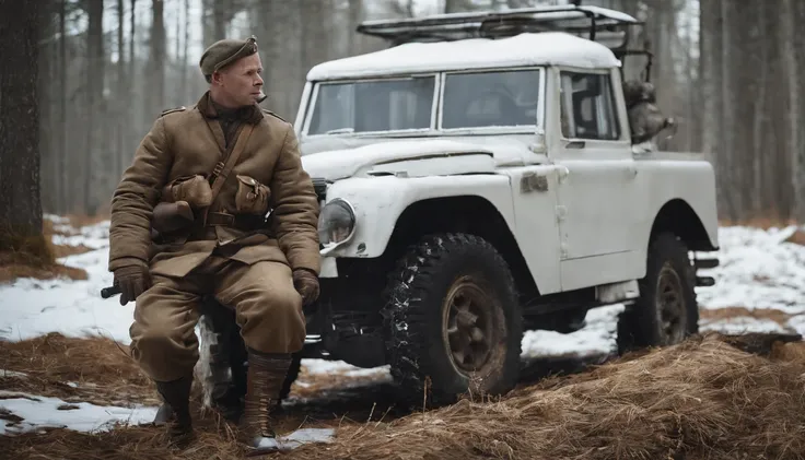 A reenactment image of Simo Häyhä in his white camouflage suit, hidden in the snowy wilderness during winter war