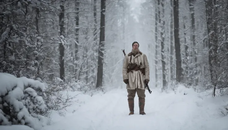 A reenactment image of Simo Häyhä in his white camouflage suit, hidden in the snowy wilderness during winter war