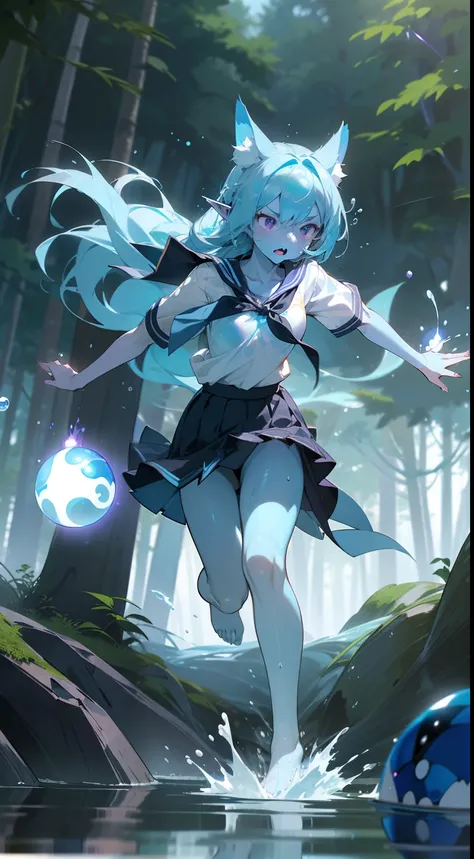 1girl water spirit,20s,solo,(((blue skin))),serious face,(((white school shirt))),(((black scholl skirt))),small tits,light blue hair,long hair,sexy,purple eyes,elves ears,fox ears,lustrous body,barefoot,(((standing in front of a forest))),(((attacking wit...