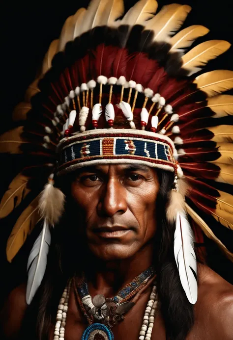 Hyperrealistic cinematic image of a native Indian with feathers on his head, Arte nativa americana, Indian warrior, Nativo americano, Guerreiro nativo americano, Arte nativa, Um guerreiro nativo americano, indigenous man, eagle feather, Guerreiro habilidos...