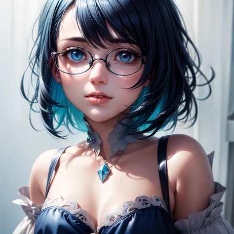 A beautiful, sexy woman with short light blue hair, round glasses with transparent temples, and blue and red heterochromia eyes. She is wearing a white bodice with blue details and a short blue skirt with white details. The image is of the highest quality,...