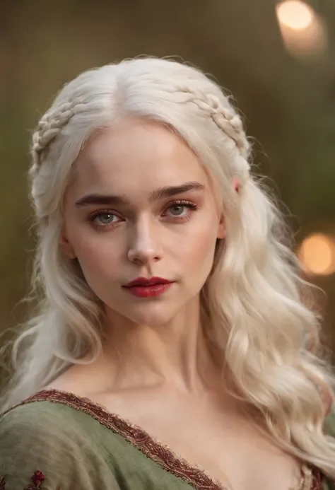 (((a deep reddish wound crosses her left cheek))) fair complexion, Emilia Clarke  around 19 years old, natural white hair, distinctive green eyes, wearing kohl, slender and graceful, beautiful, candlelight in a medieval setting, ultra sharp focus, realisti...