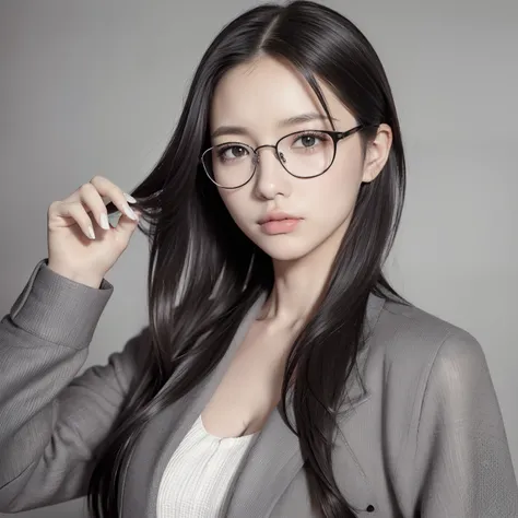 monochrome, (masterpiece,best quality:1.4),(8k,raw photo,photo realistic:1.2),shiny skin,detailed skin,detailed face,detailed eyes,1girl,Japanese idol,beautiful face, long windy hair, grey wall, glasses, nails, sadness, over coat