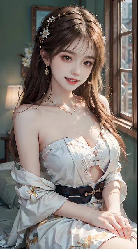 ((upper body)), ((from below)), ((realistic)), 1 Asian female model, A young girl, (Close up), (Being in the room, Sit Pose, Leaning against the dresser), Look out the window, Pleasing posture, Eye-catching poses, Detailed scenes, Coiled hair, Hairpins, Be...