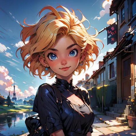 masterpiece, close up, digital paint, (cute girl, 20 years old, blond short hair ), at the top of eiffel tower in paris by jim l...