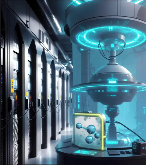 there is a futuristic room with a computer and a clock, futuristic laboratory, in futuristic laboratory room, futuristic scientific laboratory, futuristic cloning facility, futuristic chemistry lab, futuristic production facility, robot in a server room, f...