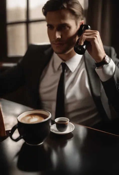 1man, 
a 30 y.o muscular male wearing long-sleeve white shirt and tie, drinking coffee,
soft lighting, 
masterpiece, best quality, 8k uhd, dslr, film grain, Fujifilm XT3 photorealistic painting art by midjourney and greg rutkowski