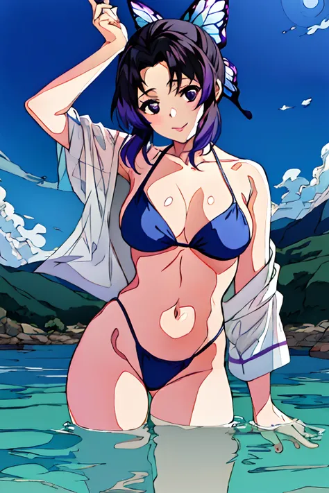 ​master piece, best_quality, super detailing,Flat_Color, 独奏, Kochou_shinobu, Multicolored_hair, hair_intakes, Purple_Eyes, brow, The upper part of the body_full bodyesbian, landscapes, (A smile:0.5), realisitic, Realistic_Lips, shiny_hair, shiny_skin,, riv...