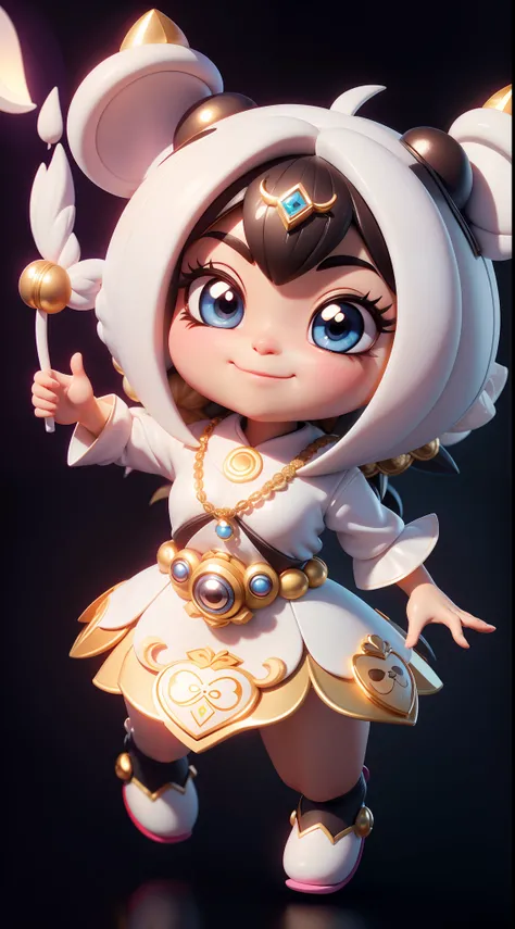 3D cartoon character，Super cute panda with big eyes, Dressed in white and gold ethnic style clothing, adorable expression, Charming smile, Super high detail, solid color backdrop, Exquisite, 3d effect, a blind box toy, Garage Kit, super high precision, Per...