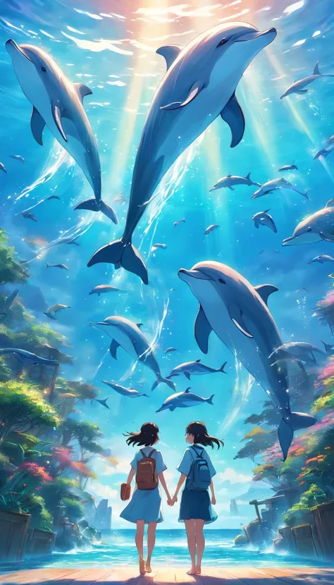 Painting of dolphins swimming in colorful ocean, Look up at the composition, Jellyfish and whales in the sky, inspired by Cyril Rolando, A beautiful artwork illustration, author：Shitao, colorful concept art, Makoto Shinkai Cyrillo Rolando, in the style of ...