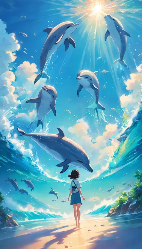 Painting of dolphins swimming in colorful ocean, Look up at the composition, Jellyfish and whales in the sky, inspired by Cyril Rolando, A beautiful artwork illustration, author：Shitao, colorful concept art, Makoto Shinkai Cyrillo Rolando, in the style of ...