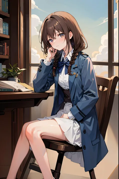 Anime girl sitting in library reading a book，Blue trench coat，Bunched hair，libraryai，Dark environment，A faint smog，Yellow-brown hair，Double braid，Dull hair，neck bowtie