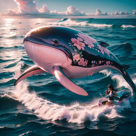 Flowers, a pink whale, ocean