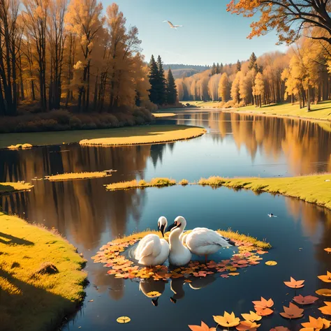 Dynamic scene of a pond with the swans in it and the autmn leaves behind it, 8k, printable --auto