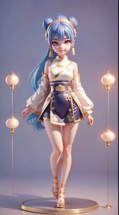 lens flare glow，Thin waist narrow waist，The look of the kawaii，Flat-chested little sister，slimfigure，ssmile，Navy blue hair，Golden pupils。Chinese hair bun, Oriental antique，Attractive 3D Vector Art。