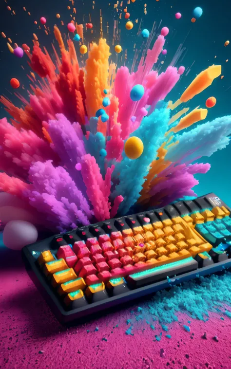 brightly colored powder is flying around a keyboard on a blue surface, colorful octane render, cinema 4d render colorido, colorful vivid octane render, colorido 8 k, cores do bipe, extreme render, mechanical keyboard, cores explosivas, bipe. octan render, ...