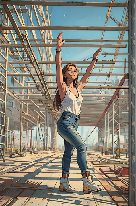 A beautiful woman walking over a construction site scaffolding , outstretched arms, balancing