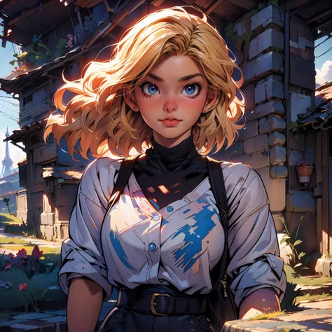 masterpiece, close up, digital paint, (Cute girl, 20 years old, blond short hair ), at the top of eiffel tower in paris by Jim Lee. 1990s (style),