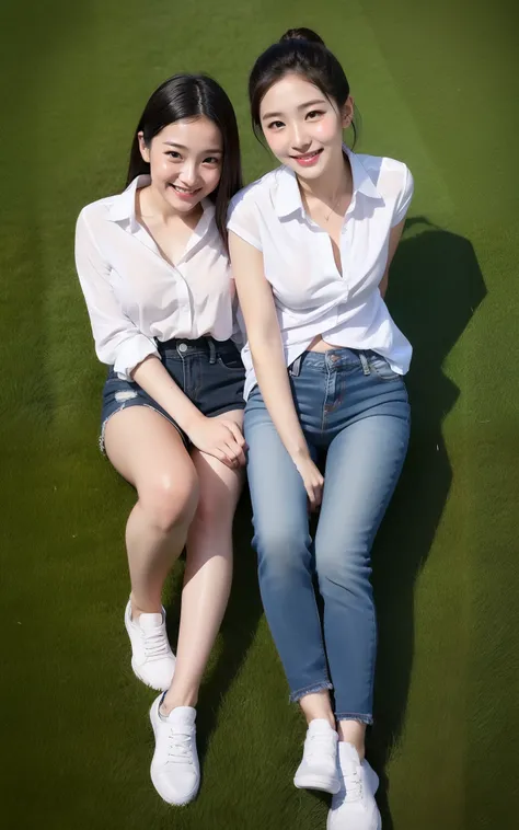 1 very beautiful female high school student，Wear a white button-down shirt and low-rise jeans（detailed outfits:1.5），Play with the ball on the grass of the football field，（On the grass:1.02），Super high value，perfect body figure，Beautiful short ponytail，Deli...