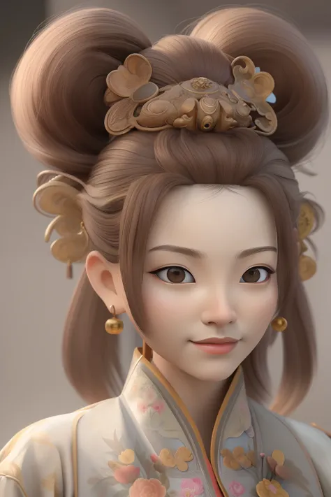 (Masterpiece, Best quality:1.2), 3 d desenho animado，1girll,Solo,Light brown hair, Chinese hair bun, Oriental antique，surrealism, Super detail, ccurate, Best quality, hyper HD, Masterpiece, Anatomically correct, A high resolution, 16k