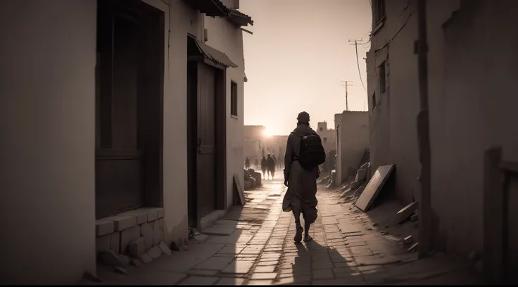 a man-latitude view of the ancient city of Timbuktu, street view, sunset hour. Vicoli, case con antichi portoni in legno. high contrast 4k hdr