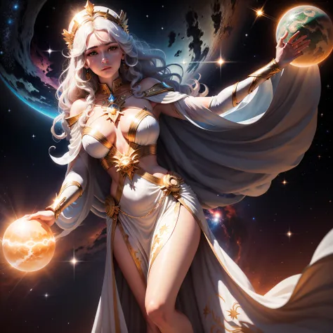 Greek goddess of the full-length dawn holding a star in space, In space there are nebulae and stars on the scene, The character is almost transparent and has bright white eyes, obra-prima artstation, space, Planetas, Estrelas, sol, solar flares, Realistic