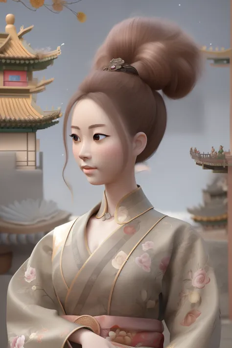 (Masterpiece, Best quality:1.2), 3 d desenho animado，1girll,Solo,Light brown hair, Chinese hair bun, Oriental antique，surrealism, Super detail, ccurate, Best quality, hyper HD, Masterpiece, Anatomically correct, A high resolution, 16k