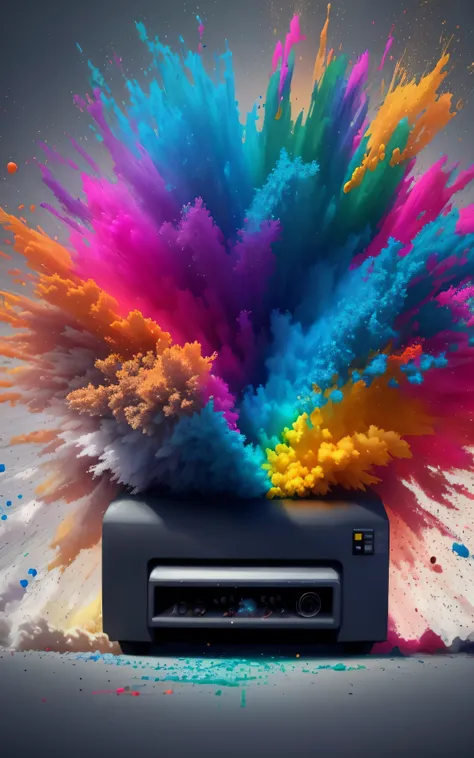 a closeup of a colorful explosion of dust flying from a black device, Color Explosion, explosion of color paint, colorful explosion, color dispersion, colorful explosion, explosion of colors, an explosion of colors, respingo de cor, pigmentos de cor espalh...