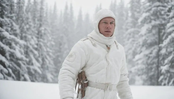 A reenactment image of Simo Häyhä wearing his white camouflage suit, hidden in the snowy wilderness.