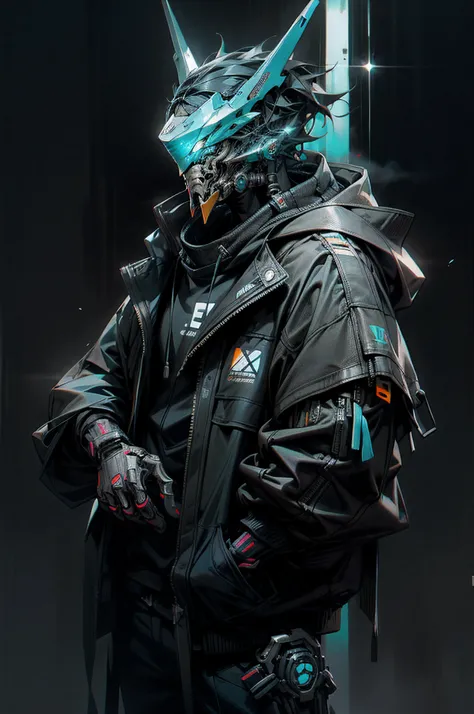 There was a boy wearing a mask and a black hoodie，With a knife in his hand, Hyper-realistic cyberpunk style，Digital cyberpunk anime style，cyan colors