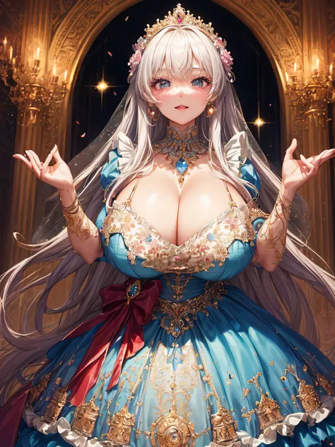 (masterpiece, best quality,extremely detailed:1.1),(moe anime art style:1.2),1girl,((full body)),((solo)), cute, kawaii,digital art,((1 bling-bling anime princess wearing beautiful embroidery and jeweled ruffled gorgeous princess ballgown with voluminous f...