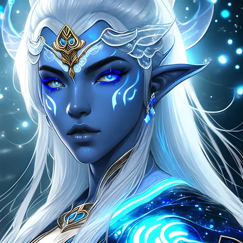 blue humanoid avatar with bioluminescent avatar markings dots and patterns on their skin. Pointed elf ears. avatar like hair, hair colour black, sparkling glowing blue eyes, slightly shimmery iridescent blue skin. female, warrior like, magical and mystical...