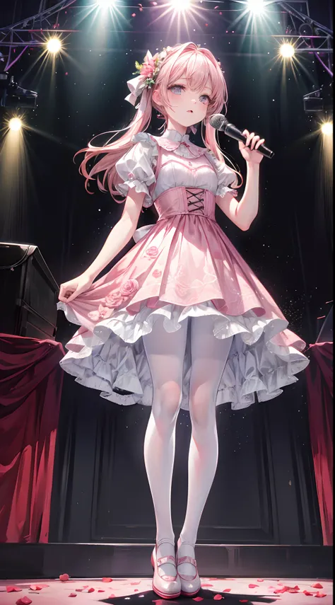 Face the viewer，Masterpiece，HighestQuali，one-girl，Stand on stage and sing，Delicate facial features，Pink floral dress，White tights，Small leather shoes，Stage，lamplight，Close-up of people