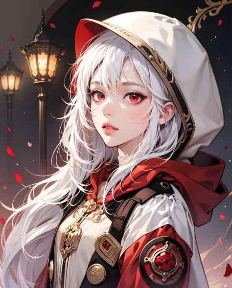 ultra HD, Manhwa Girl,Oval face, small, straight nose
Visible bone cheeks
Medium seized rosy lips
Big, almond shaped, Red eyes
Long, silky, white hair with long bang, slim hourglass shape of body, red eyes, hooded coat --auto --s2